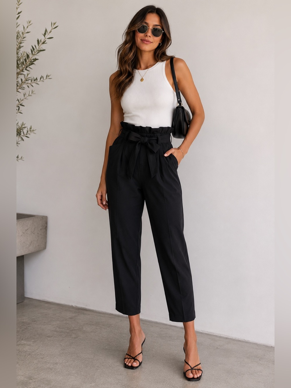 Betabrand Black Paperbag High Waist Tapered Straight Leg‎ Petite Tie Belt Pants